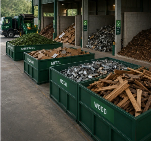 Sorted waste materials in organised recycling bins
